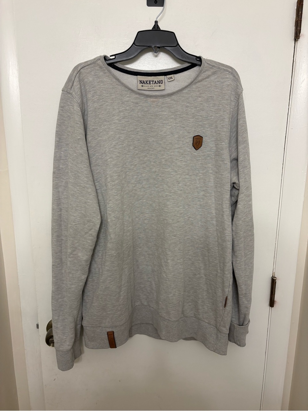 Naketano Mens XXL Grey Crewneck Sweatshirt Brave New Word Faux Leather Patch